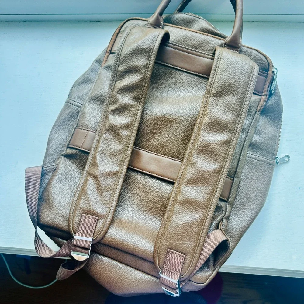 Bugatti Brown Pebbled Vegan Leather Laptop Backpack Travel Bag Trolley Strap